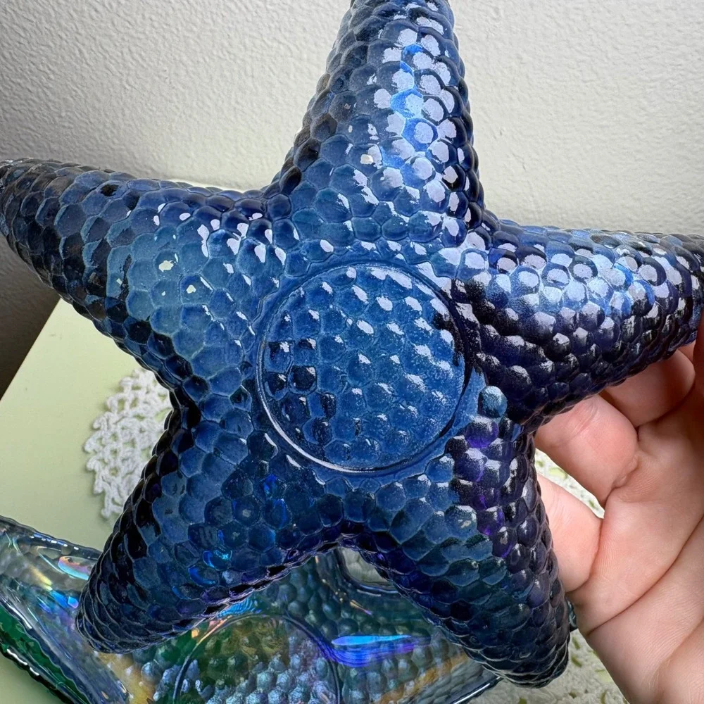 Vintage Set of 3 Blue Starfish Trinket Dish Mermaidcore Iridescent Glass